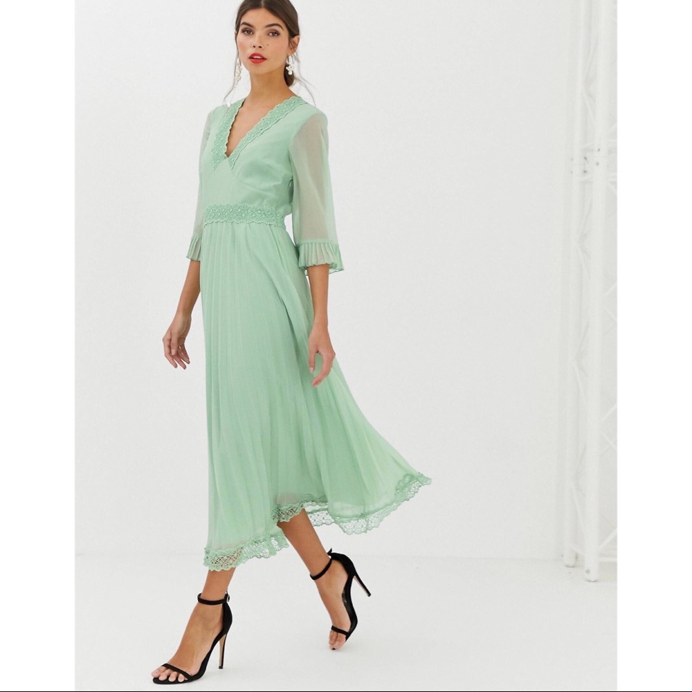 ASOS Green Pleated and Lace Midi Dress